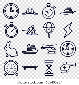 Speed icons set. set of 16 speed outline icons such as helicopter, rabbit, medical helicopter, ship, stopwatch, flash, boat, clock, wall clock, hourglass, skiing, skating