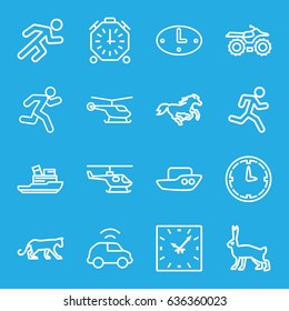 Speed icons set. set of 16 speed outline icons such as helicopter, panther, horse, rabbit, boat, running, car, wall clock, clock, stopwatch, running man