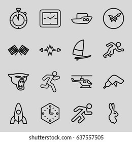 Speed icons set. set of 16 speed outline icons such as panther, rabbit, boat, rocket, drill, running, wall clock, stopwatch, finish flag, windsurfing, helicopter, electricity