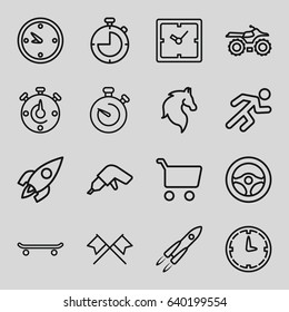 Speed icons set. set of 16 speed outline icons such as horse, clock, drill, running, stopwatch, rocket, wall clock, steering wheel, crossed flags, shopping cart, skating