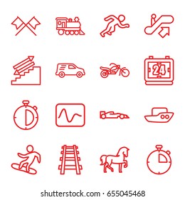Speed icons set. set of 16 speed outline icons such as escalator up, horse, boat, locomotive, railway, delivery car, motorcycle, clock, stopwatch, snowboard, sport car