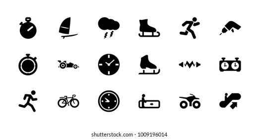 Speed icons. set of 18 editable filled speed icons: escalator, escalator up, drill, stopwatch, running man, ice skating, bicycle, clock, running, thunderstorm, windsurfing