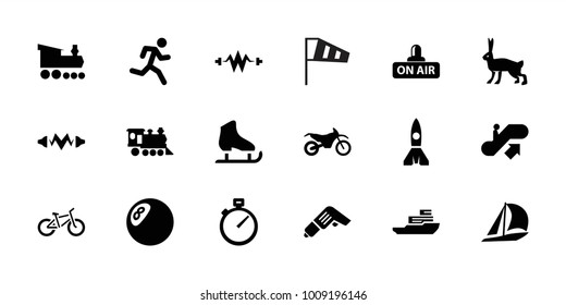 Speed icons. set of 18 editable filled speed icons: escalator up, rabbit, clock, sailboat, running man, electricity, locomotive, open air, motorbike, boat, wind cone, drill