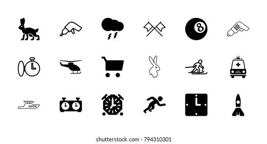 Speed icons. set of 18 editable filled and outline speed icons: shopping cart, ambulance, thunderstorm, running, wall clock, clock, stopwatch, drill, skiing, crossed flags