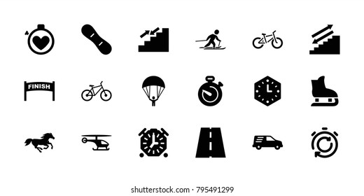 Speed icons. set of 18 editable filled speed icons: horse, stairs, finish, delivery car, stopwatch, skiing, snow board, bicycle, helicopter, wall clock, ice skating, parachute