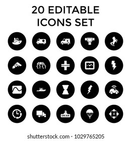 Speed icons. set of 20 editable filled speed icons such as road, flash, parachute, clock, electricity, open air, ambulance, car. best quality speed elements in trendy style.