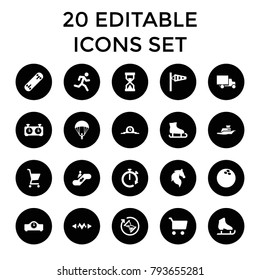 Speed icons. set of 20 editable filled speed icons such as wind cone, horse, shopping cart, running man, ice skating, ship. best quality speed elements in trendy style.