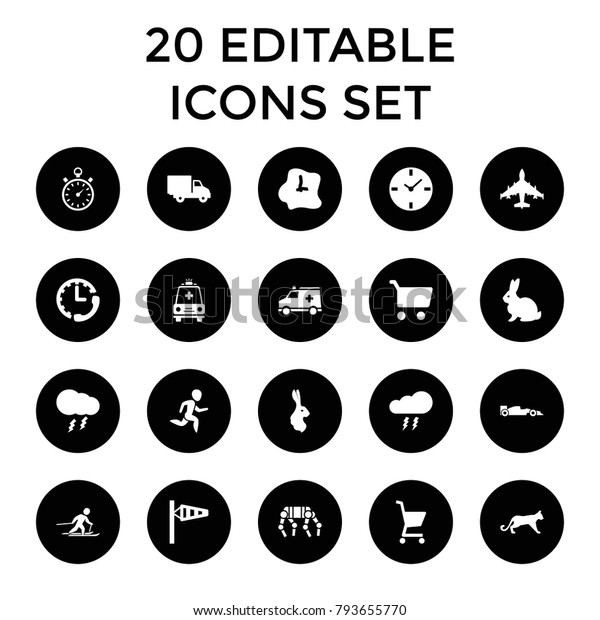 Speed icons. set of 20
editable filled speed icons such as wind cone, rabbit, shopping
cart, delivery car, clock, ambulance. best quality speed elements
in trendy style.