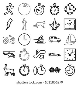 Speed icons. set of 25 editable outline speed icons such as escalator up, rabbit, clock, flash, stopwatch, running, delivery car, skiing, finish flag, sport car, helicopter
