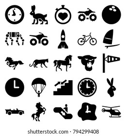 Speed icons. set of 25 editable filled speed icons such as wind cone, helicopter, panther, horse, motorcycle, stopwatch, cabriolet, bicycle, windsurfing, clock, wall clock