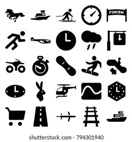 Speed icons. set of 25 editable filled speed icons such as escalator down, helicopter, shopping cart, finish, electricity, railway, road, running, medical helicopter, ship