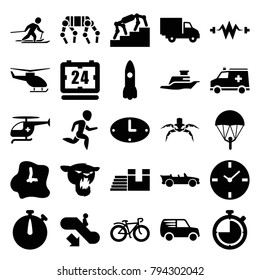 Speed icons. set of 25 editable filled speed icons such as escalator down, parachute, bicycle, rocket, stairs, electricity, delivery car, clock, ambulance, medical helicopter