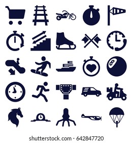 Speed icons set. set of 25 speed filled icons such as horse, escalator down, wind cone, helicopter, road, stopwatch, railway, delivery car, snowboard, motorcycle, boat, clock