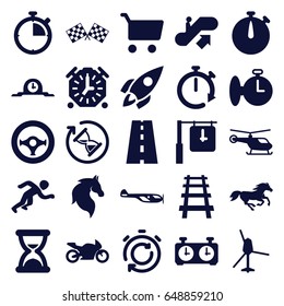 Speed icons set. set of 25 speed filled icons such as horse, escalator up, helicopter, railway, road, finish flag, steering wheel, motorbike, running, rocket, hourglass, clock