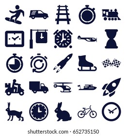 Speed icons set. set of 25 speed filled icons such as rabbit, helicopter, boat, locomotive, railway, delivery car, snowboard, finish flag, bicycle, rocket, wall clock
