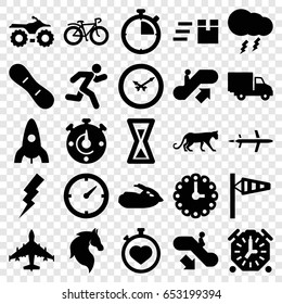 Speed icons set. set of 25 speed filled icons such as panther, horse, escalator up, escalator down, wind cone, rocket, flash, stopwatch, bicycle, delivery car, running