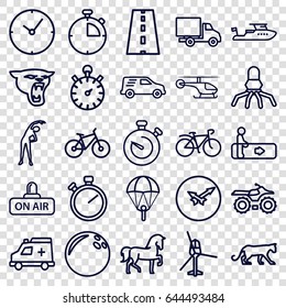 Speed icons set. set of 25 speed outline icons such as escalator, panther, horse, exercising, boat, bicycle, delivery car, road, open air, ambulance, stopwatch, helicopter