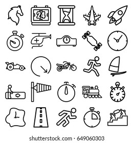 Speed icons set. set of 25 speed outline icons such as escalator, wind cone, horse, locomotive, road, running, medical helicopter, stopwatch, rocket, motorcycle, car