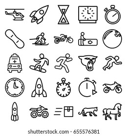 Speed icons set. set of 25 speed outline icons such as escalator, panther, horse, rocket, ambulance, running, motorcycle, wall clock, hourglass, clock, stopwatch, skiing