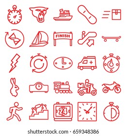 Speed icons set. set of 25 speed outline icons such as escalator up, panther, rabbit, flash, running, locomotive, ambulance, boat, wall clock, hourglass, clock, stopwatch