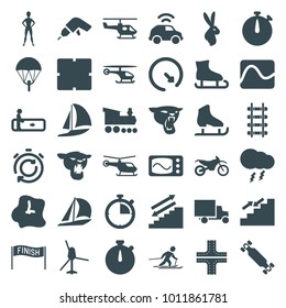 Speed icons. set of 36 editable filled speed icons such as escalator, helicopter, panther, road, clock, drill, parachute, sailboat, stopwatch, stairs, ice skating, electricity