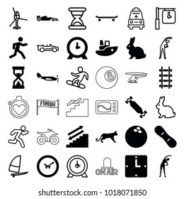 Speed icons. set of 36 editable filled and outline speed icons such as rabbit, exercising, clock, skating, stairs, running, snow board, skate board, sport car, wall clock