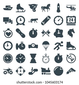 Speed icons. set of 36 editable filled speed icons such as panther, horse, boat, clock, bowling ball, parachute, ice skate, stopwatch, rocket, running, snow board