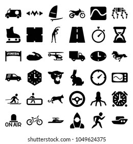Speed icons. set of 36 editable filled speed icons such as boat, clock, exercising, finish, rocket, electricity, delivery car, skiing, steering wheel, jet ski, motorbike