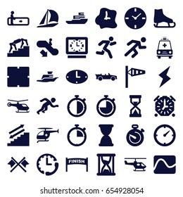 Speed icons set. set of 36 speed filled icons such as escalator, escalator down, wind cone, helicopter, clock, running, ambulance, medical helicopter, cabriolet, ship