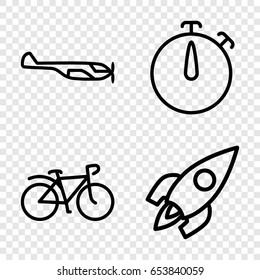 Speed icons set. set of 4 speed outline icons such as helicopter, bicycle, rocket