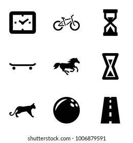 Speed icons. set of 9 editable filled speed icons such as horse, bowling ball, clock, skating, road, hourglass, panther