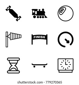 Speed Icons. Set Of 9 Editable Filled And Outline Speed Icons Such As Skating, Finish, Locomotive, Skate Board, Wall Clock, Wind Cone, Clock