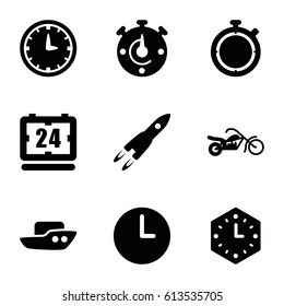 Speed icons set. set of 9 speed filled icons such as boat, motorcycle, wall clock, clock, stopwatch