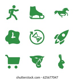 Speed icons set. set of 9 speed filled icons such as panther, horse, rabbit, running, rocket, wall clock, hourglass, ice skate