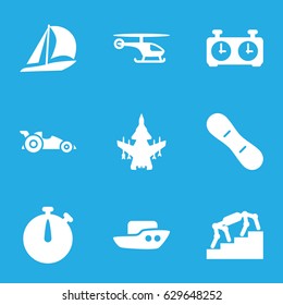 Speed icons set. set of 9 speed filled icons such as boat, snow board, car, helicopter, clock, stopwatch, plane, stairs