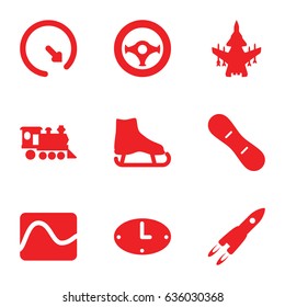 Speed icons set. set of 9 speed filled icons such as locomotive, steering wheel, snow board, wall clock, plane, rocket, electricity