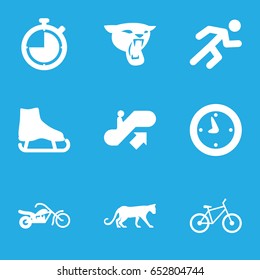 Speed icons set. set of 9 speed filled icons such as panther, escalator up, running, bicycle, motorcycle, clock, stopwatch