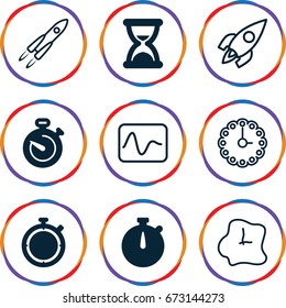 Speed icons set. set of 9 speed filled and outline icons such as stopwatch, hourglass, rocket, wall clock