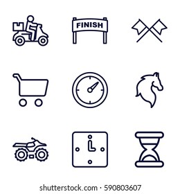 speed icons set. Set of 9 speed outline icons such as horse, clock, wall clock, hourglass, delivery bike, crossed flags, shopping cart, finish
