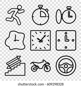 Speed icons set. set of 9 speed outline icons such as running, wall clock, clock, stopwatch, steering wheel, motorbike