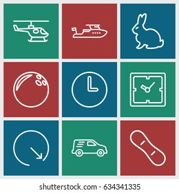 Speed icons set. set of 9 speed outline icons such as rabbit, clock, boat, delivery car, wall clock, snow board, helicopter