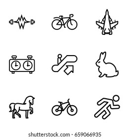 Speed icons set. set of 9 speed outline icons such as escalator up, rabbit, horse, bicycle, running, clock, plane