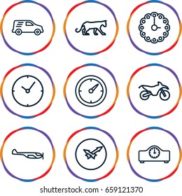 Speed icons set. set of 9 speed outline icons such as helicopter, panther, delivery car, clock, wall clock