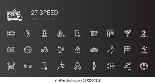 speed icons set. Collection of speed with clock, watch, van, racing, hourglass, car, subway, rabbit, stopclock, driver, truck, wall clock, cargo. Editable and scalable speed icons.