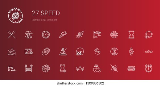 speed icons set. Collection of speed with collision, car, hourglass, clock, subway, shoes, hours, boat, wall clock, ambulance, shoe, windsock. Editable and scalable speed icons.