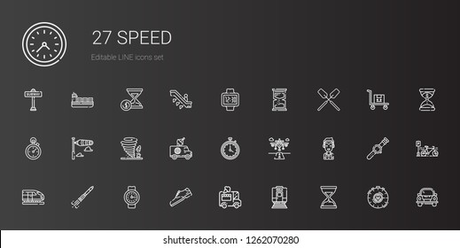 speed icons set. Collection of speed with hourglass, train, ice cream car, shoe, watch, rocket ship, marshall, runway, stopwatch, van, tornado. Editable and scalable speed icons.