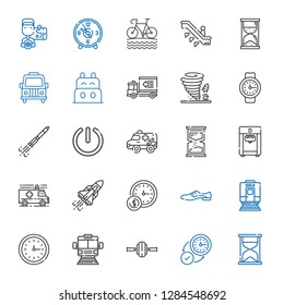speed icons set. Collection of speed with hourglass, wall clock, wheel, subway, train, shoes, space shuttle, ambulance, ice cream machine, power. Editable and scalable speed icons.