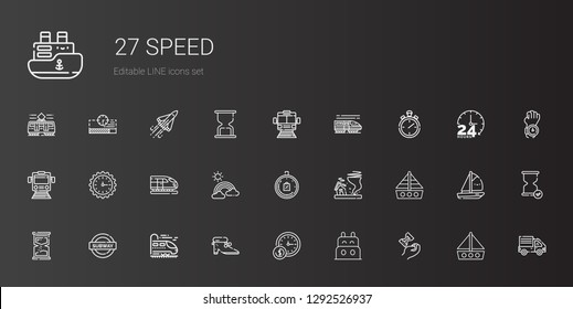 speed icons set. Collection of speed with hourglass, boat, wall clock, shoes, train, subway, tornado, limited time, rainbow, stopwatch, delivery truck. Editable and scalable speed icons.