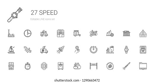 speed icons set. Collection of speed with stopwatch, finish, ship, ice cream machine, watch, runway, tornado, power, wall clock, space shuttle. Editable and scalable speed icons.