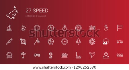 speed icons set. Collection of speed with tornado, bumper, car, marshall, truck, subway, van, rolling wheel, spaceship, wall clock, clock, racing. Editable and scalable speed icons.